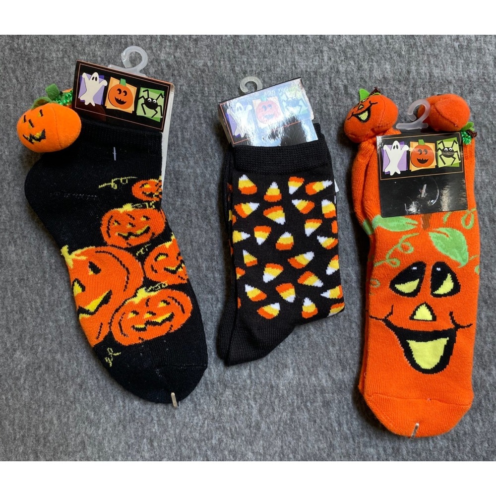 Halloween Novelty Sock Bundle 3 Pairs Jack-O-Lantern Candy Corn Pom Pom Heads